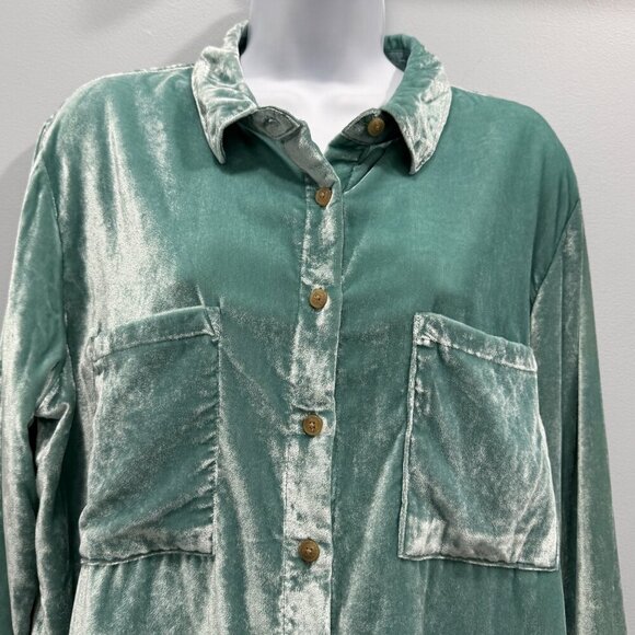 Pilcro Anthropolgie Crushed Velvet Mint Seafoam Button Down Shirt Womens Size 14 - Picture 3 of 10
